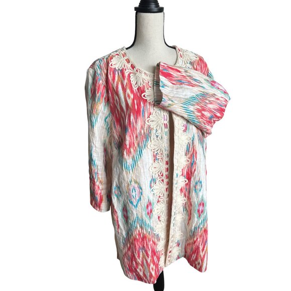 Chico’s Ikat Embroidered Multicolor Southwestern Open-Front Jacket 3/4 Sleeve 2X - Picture 5 of 7